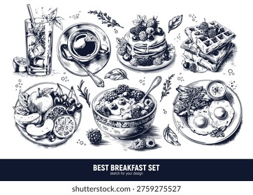 Delicious and varied breakfast: scrambled eggs with bacon, Belgian waffles, coffee, and porridge with fruit. Hand-drawn sketches.