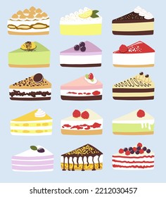 Delicious and various cheesecake slices. 