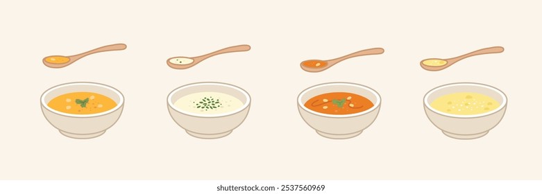 Delicious and various thick soup bowl set illustrations. Hand drawn style vector design illustrations.