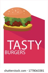 Delicious vector burger with bright red background and dark shadow. Tasty and colourful illustration art.