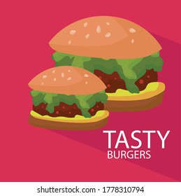 Delicious vector burgers with dark shadow and red background. Tasty and colourful illustration art. 