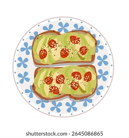 Delicious vector featuring avocado toast with tomatoes on a decorative plate surrounded by floral design.