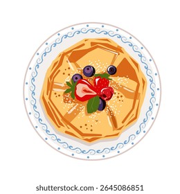 Delicious vector featuring golden pancakes topped with fresh berries and mint on a decorative plate