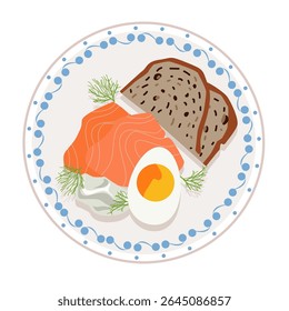 Delicious vector featuring smoked salmon, boiled egg, and dark rye bread on a decorative plate