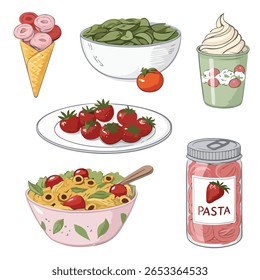 Delicious Vetor Food Collection: uma variedade vibrante de delícias culinárias desenhadas à mão