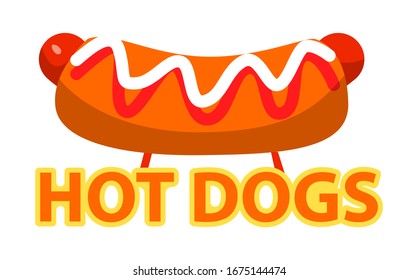 Delicioso vectorial hot dog, comida con ketchup y mayonesa. Salchicha con pan, pan y salsas, ayuno tradicional americano, ilustración de comida chatarra. Refrigerio insalubre aislado de fondo blanco