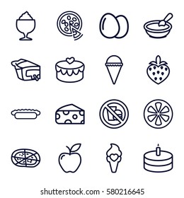 delicious vector icons. Set of 16 delicious outline icons such as egg, cheese, porridge, ice cream, milkshake, pizza, pie, apple, lemon, strawberry, heart lock, cake