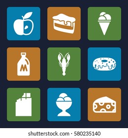 delicious vector icons. Set of 9 delicious filled icons such as milk can, cheese, crab, piece of cake, ice cream, donut, ice cream ball, apple