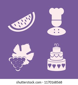 delicious vector icons set. with cake wedding, watermelon slice, chef and grape in set