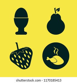 delicious vector icons set. with strawberry, pear, hot chicken and egg cup in set