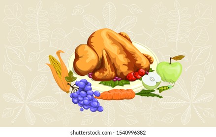 Delicious vector illustration of a baked Turkey with fruits and vegetables on a leafy background