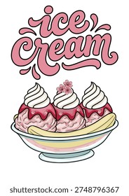 Delicious vector illustration of a banana split ice cream dessert with pink scoops, white swirls, cherry syrup, and delicate cherry blossoms.