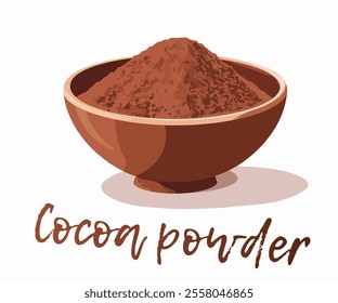 Delicious vector illustration of cocoa powder ingredient for chocolate products. Mound of rich, dark cocoa powder in a rustic wooden bowl, fine particle texture and inviting aroma