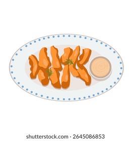 Deliciosa ilustração vetorial de propostas de frango crocante servido com molho mergulhando em um prato elegante