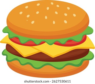 A delicious vector illustration of a double cheeseburger with melted cheese, lettuce, and sesame bun in clean flat style. Perfect for fast food menus, restaurant branding, food delivery apps, posters,