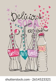 Delicious, vector illustration, drink bottle, heart and stars brushed effect, for t-shirt graphic