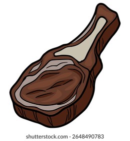 Deliciosa ilustração vetorial de um filé ribeye grelhado, mostrando sua textura marmoreada e suculenta com um estilo desenhado à mão e paleta de cor marrom.
