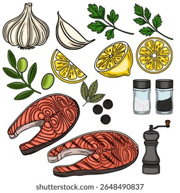 Deliciosa ilustração vetorial de bifes de salmão grelhado, limões, alho, azeitonas, salsa, louro, pimentas, pimenta, sal e pimenta agitadores, e um moinho de pimenta, perfeito para projetos culinários e...