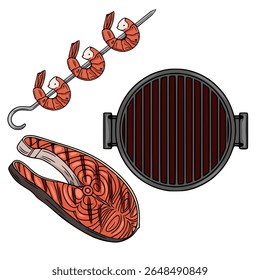 Deliciosa ilustração vetorial de bife de salmão grelhado e skewers de camarão, perfeito para um design de menu de churrasco de verão ou blog de comida.