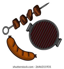 Delicious vector illustration of grilled sausage and meat skewers on a barbecue grill, perfect for summer cookout designs.