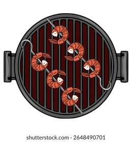 Délicieuse Illustration vectorielle de brochettes de crevettes grillées sur un gril au charbon de bois, avec une Perspective unique de haut en bas et un style dessiné à la main.