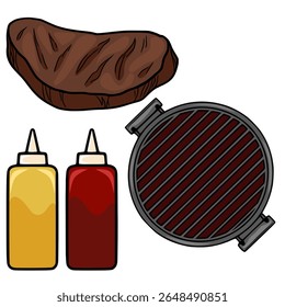 Delicious vector illustration of a grilled steak, round grill, and condiment bottles, perfect for menu design or BBQ themed projects.