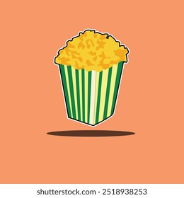 Deliciosa Ilustración vectorial de palomitas de maíz en una clásica caja de rayas rojas y blancas, con un aspecto esponjoso y apetitoso. Ideal para proyectos relacionados con la comida, temas de películas o diseños relacionados con aperitivos. Perfe