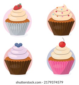 Delicious vector illustration set, Vector image of a set of cupcakes with strawberries, cherries and blueberries