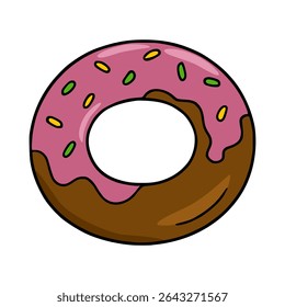 Delicious vector illustration of a single chocolate and pink glazed donut with colorful sprinkles, perfect for bakery branding or dessert-themed designs.