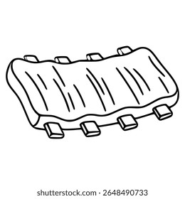 Delicious vector illustration of a single rack of ribs, hand-drawn in a simple, bold black outline style, perfect for menu design or BBQ-themed projects.