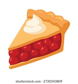 Una deliciosa Ilustración vectorial de una sola rebanada de pastel de cereza. El diseño presenta una corteza estriada de color marrón dorado, un rico relleno rojo lleno de cerezas y una cucharada de crema batida blanca en la parte superior. Este delicioso icono de postre es perfecto para menús de panadería, blogs de comida, diseños de tarjetas de recetas y celebraciones del Día de Pi. Aislado en un fondo blanco.