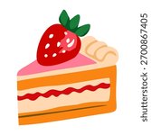 A delicious vector illustration of a strawberry cake slice. cute, hand-drawn dessert features pink frosting, cream filling, and a fresh strawberry on top, for bakery logos, café menus, or food blogs.