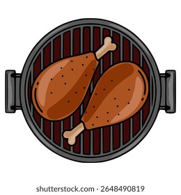 Delicious vector illustration of two roasted chicken legs on a round grill, top view, showcasing a cartoon style with dark brown and gray color palette.