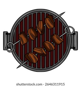 Delicious vector illustration of two skewers of grilled meat on a round barbecue grill, top view, isolated on white background.