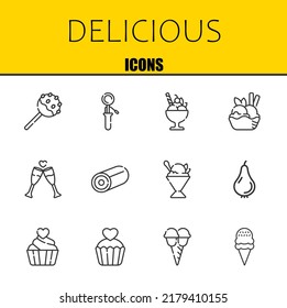 deliciosos iconos de línea vectorial. repostería, cuchara y helados Iconos. Diseño delgado de línea. Elementos gráficos de contorno modernos, símbolos de trazo simple ilustración de fondo