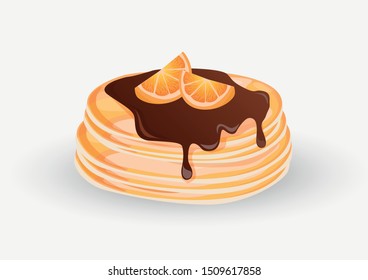 
delicious vector pancakes with chocolate icing and oranges on a white background