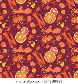 Delicious vector seamless pattern with cinnamon, nutmeg, potpourri oranges, cloves, ginger, honey. Baking spices, mulled wine ingredients. Dark backround. Packaging, branding design element.