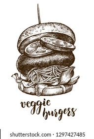 Delicious vegan burger with lettuce and tomato slices. Ink hand drawn Vector illustration with brush calligraphy style lettering. Food element for menu design.