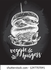 Delicious vegan burger with lettuce and tomato slices. Ink hand drawn Vector illustration with brush calligraphy style lettering. Food element for menu design.