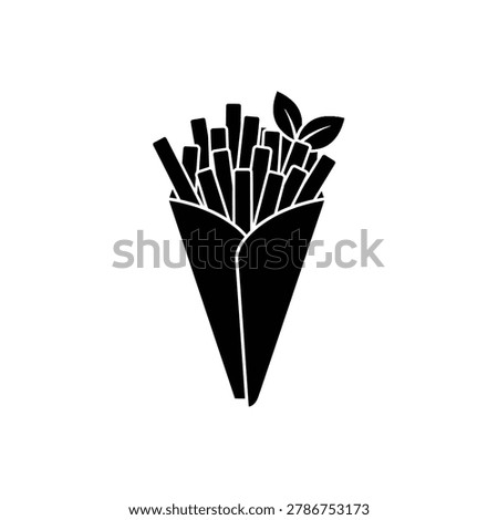 Delicious vegetable fries presented in a classic paper cone, garnished with fresh green leaves. This iconic image symbolizes a healthy and natural snack food option, perfect for illustrating themes of nutritious eating, vegan snacks, fast food alternatives, and fresh ingredients in a clean, graphic style suitable for menus and dietary information.