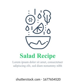 Delicious vegetable salad, simple recipe, eat healthy food, full bowl, falling ingredients, nutritious diet, lunch dish, vector line icon