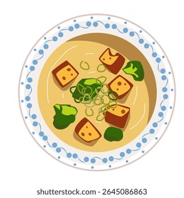 Delicious vegetable soup with tofu, featuring vibrant colors and fresh ingredients vector.