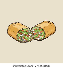 Delicioso rollo de primavera vegetal cortado por la mitad que muestra el icono de Ilustración vectorial de relleno en estilo de dibujos animados plano aislado