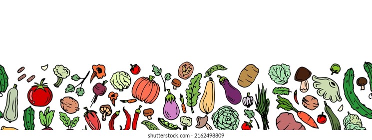 Delicious vegetables. Garden fruits. Edible food plants. Continuous seamless picture Hand drawn outline. Bottom border at edge. Isolated on white background. Vector.