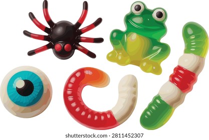 Delicious and vibrant gummy sweets featuring an eyeball, frog, spider, and wiggly worms, perfect for Halloween celebrations and candy lovers.