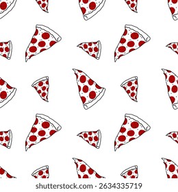 A delicious and vibrant seamless pattern featuring repeating slices of pepperoni pizza
