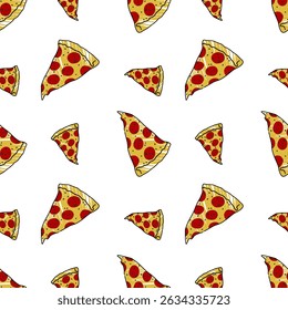A delicious and vibrant seamless pattern featuring repeating slices of pepperoni pizza