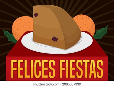 Delicious view of a custard with raisins, a couple of fritters and holly leaves, wishing you happy holidays and Xmas in Colombia (texts written in Spanish).