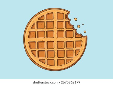 Um delicioso waffle com uma mordida retirada em um fundo azul brilhante