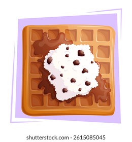 Delicious waffle with chocolate syrup and cottage cheese on a purple background. The concept of confectionery, baking, cooking. Isolated vector illustration for menu design, posters, banners, covers